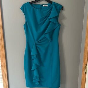 Calvin Klein Blue Asymmetrical Ruffled Sheath Dress